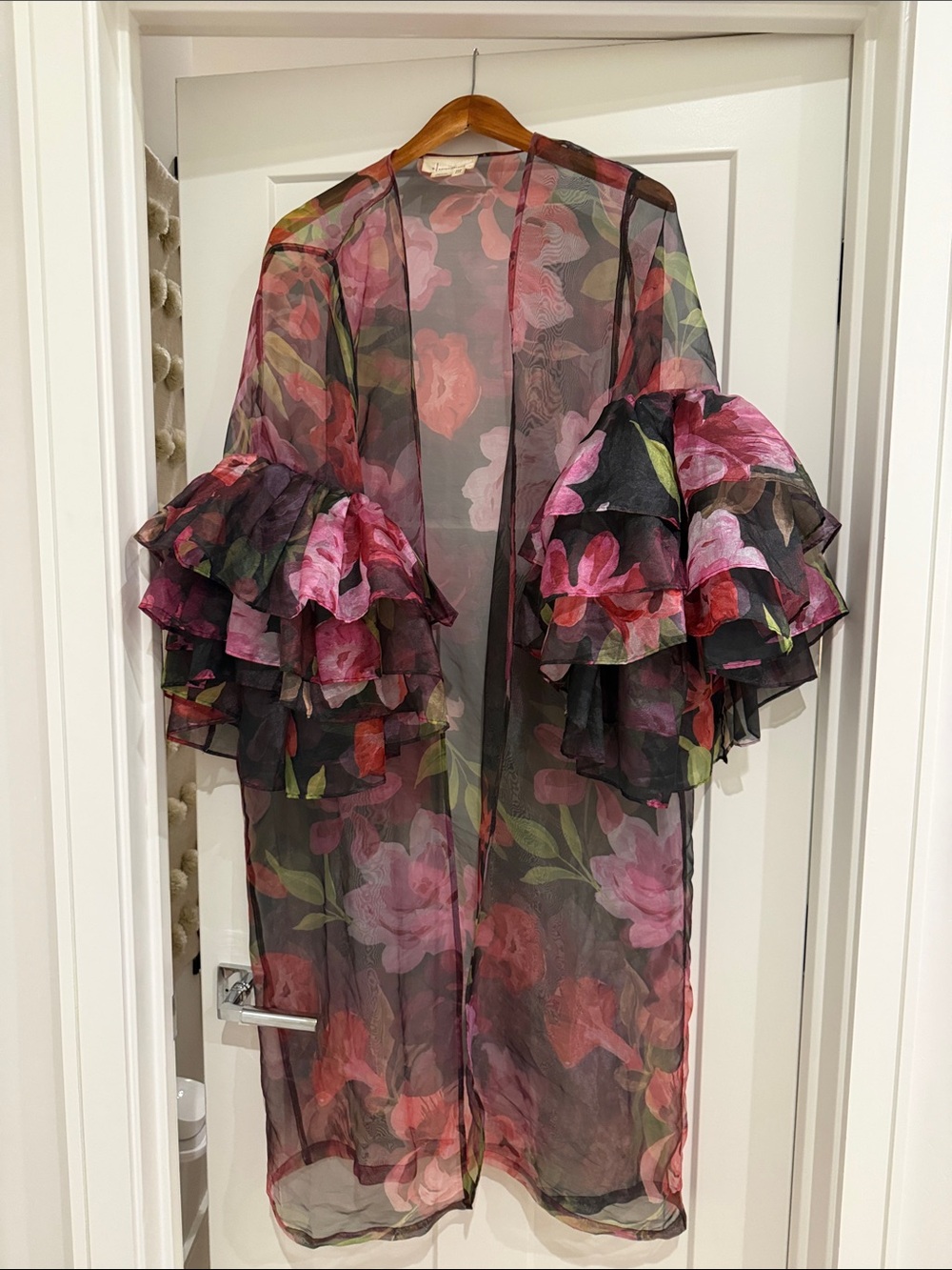 Anthropologie Black Sheer Floral Ruffle Sleeve Duster